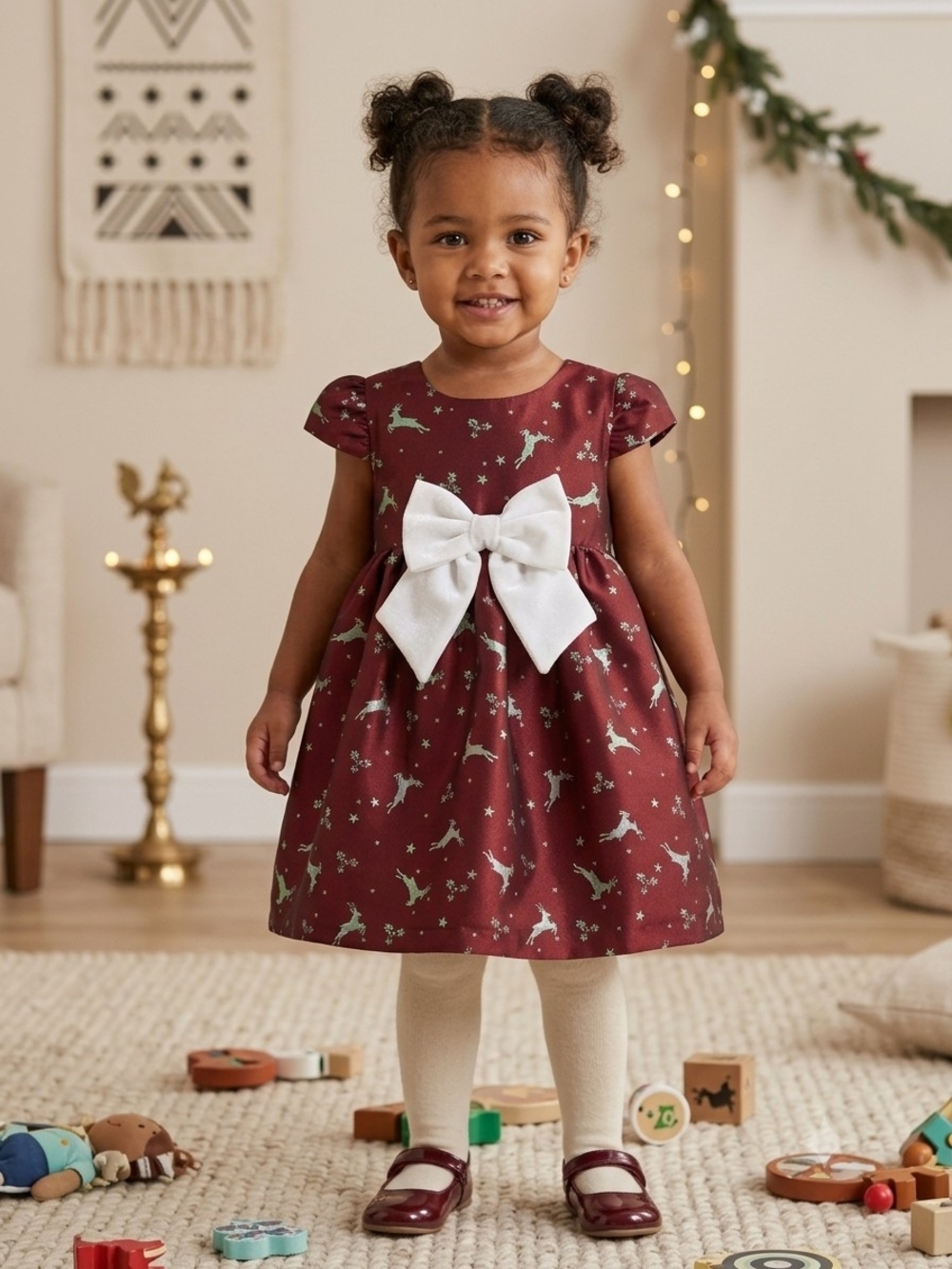 Bonnie Jean Burgundy Sparkle Dress w/White Bow Reindeer Print, 2T & 3T, NWT